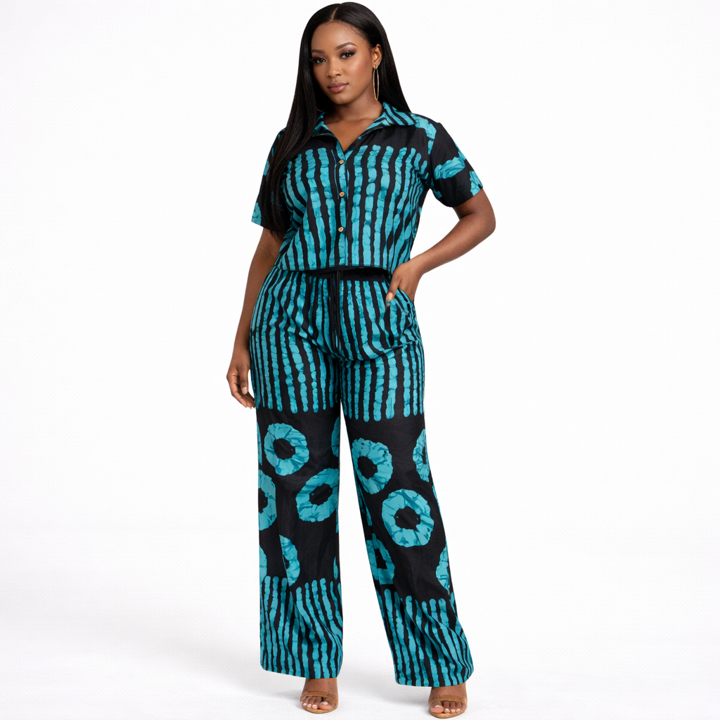 Unisex Blue Pattern Two Piece Traditional Outfit Set